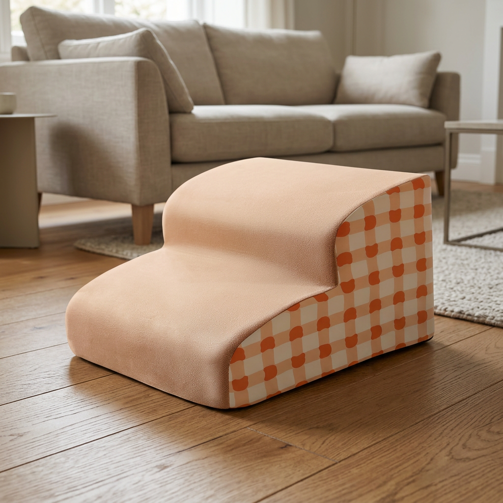 Peach Secure Pet Steps with orange checked sides in a neutral living room