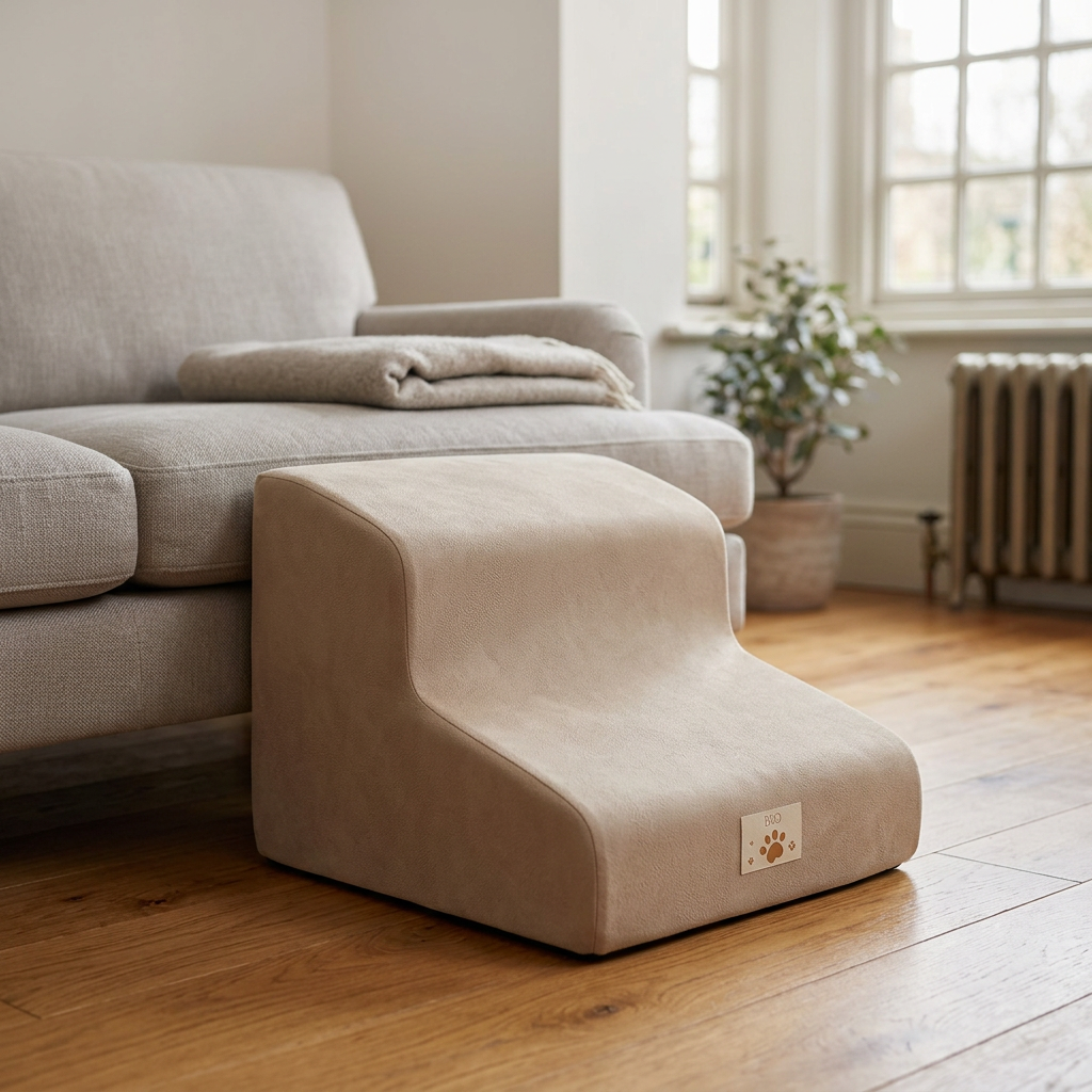 Beige two-tier Memory Foam Pet Ramp beside a neutral sofa on a wooden floor